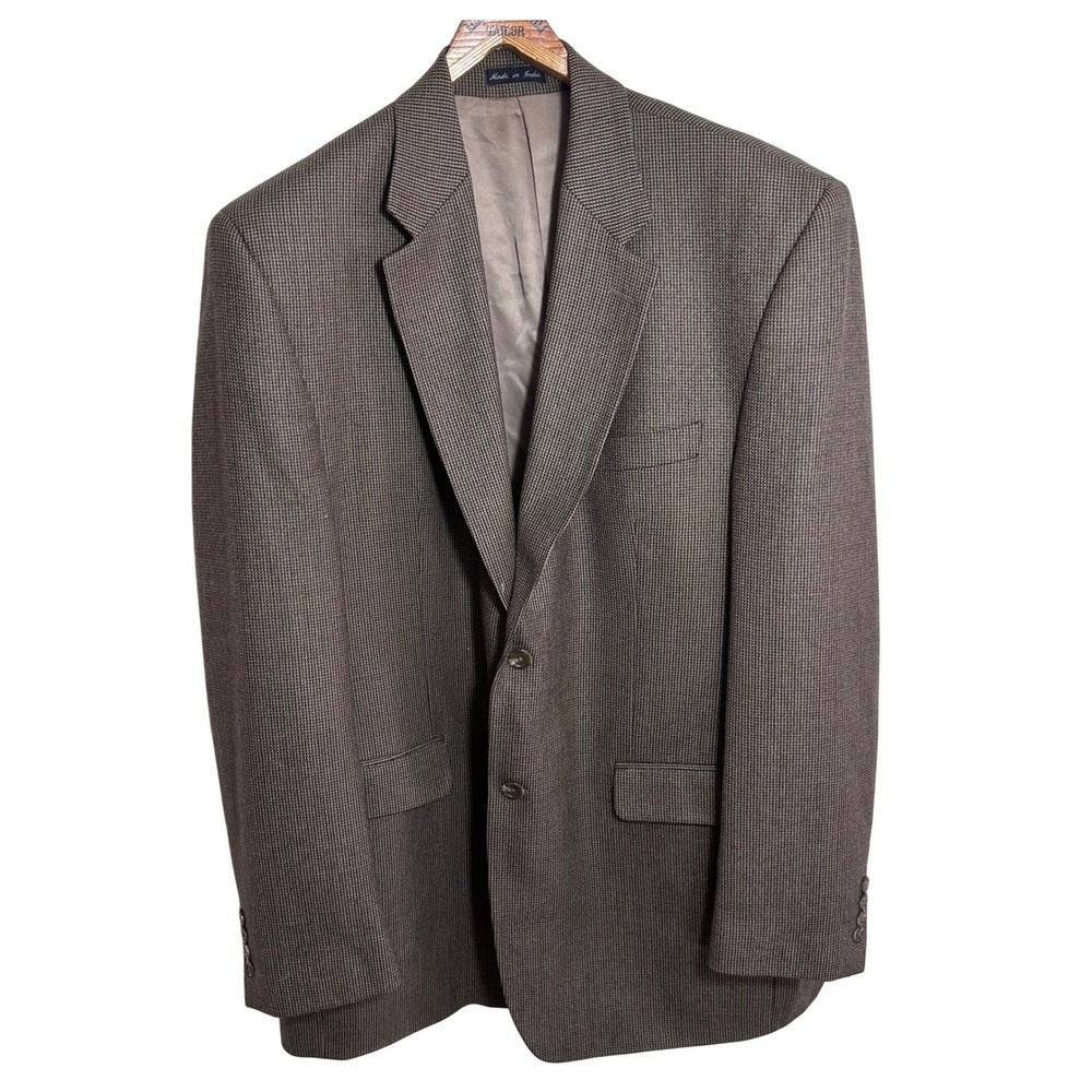 Chaps Mens Blazer 46L Brown Houndstooth Lambswool‎ Sport Coat Jacket **FLAW**